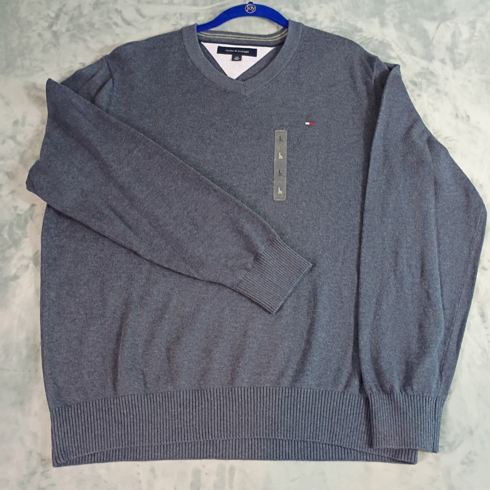 Tommy Hilfiger Mens V-Neck Sweater Blue Heather Long Sleeve Pullover‎ Large L